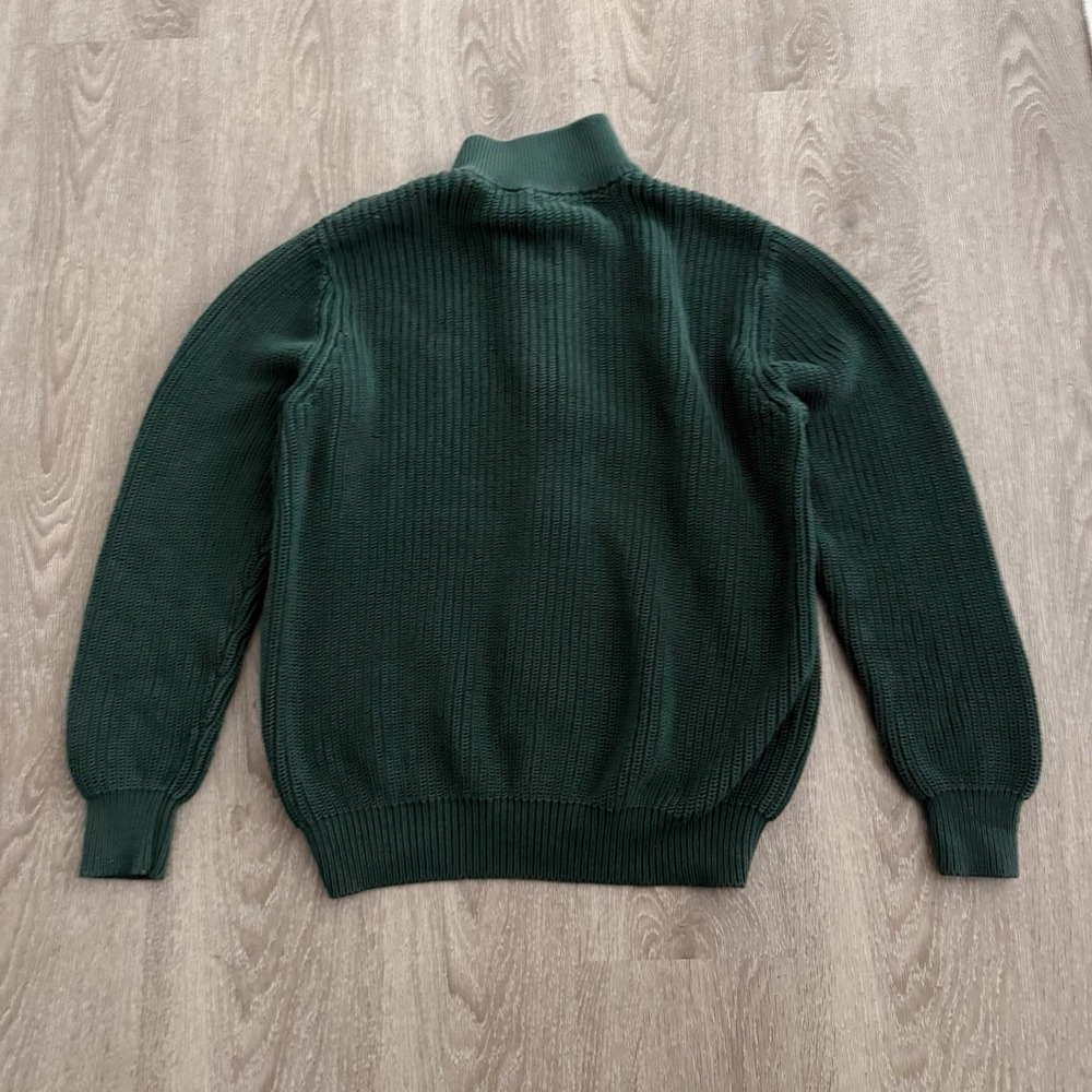 LL Bean Cotton Full Zip Sweater Cardigan Green Ribbed Knit Mock Neck Mens L Reg - Picture 4 of 16